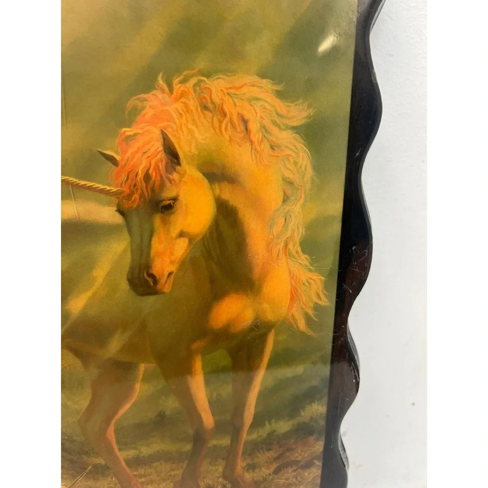 Vintage Wood Lacquer Unicorn Wall Plaque Art Mother & Child Scalloped Wood Sign